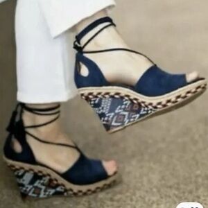 CAbi Blue Patterned Wedge Sandals